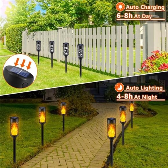 6Pcs Solar Lights Outdoor Waterproof, Flame Torches for Outside with Flickering - Picture 2 of 7